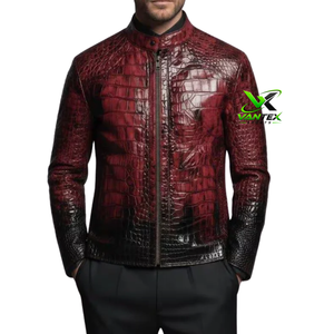 Blouson en cuir marron pour homme, effet croco, col rabattu, fermeture éclair, poches avant, style décontracté - Product Image 3