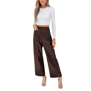 Pantalon large orange taille haute coupe ample couleur unie avec bande latérale décontracté longueur totale tissé - Product Image 5