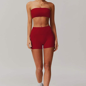 Women 2 Piece Yoga Set Double Layer Strap <b>Crop</b> <b>Top</b> High Waist Shorts Solid Red Seamless Spandex/Nylon Breathable Sheer Mesh - Product Image 1