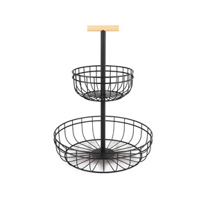 Cestino per frutta a due livelli in metallo nero con manico in legno per la conservazione in cucina - Product Image 1