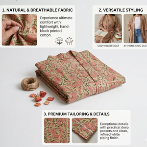 ชุดคลุมยาวผ้าฝ้ายพิมพ์ลายดอกไม้, ชุดคลุมยาวสไตล์กิโมโนคอวีมีเชือกผูกผ้านุ่มระบายอากาศได้ดีใส่อยู่บ้าน - Product Image 2