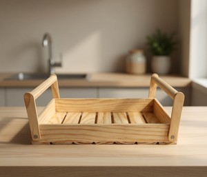 Rustic Pine Wood <b>Rectangular</b> <b>Basket</b> Sturdy Handles Standing Type Easy Carrying Handmade Kitchen <b>Storage</b> Decorative Household - Product Image 1