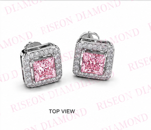 Elegantes pendientes cuadrados tipo halo en oro blanco de 18 quilates con piedras centrales de corte princesa en rosa vibrante y diamantes redondos decorativos. - Product Image 5