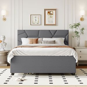 Letto matrimoniale imbottito con testiera in tessuto di lino grigio con motivo a mattoni e letto estraibile singolo con 2 cassetti - Product Image 2