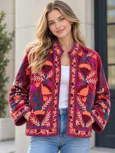 Veste en velours rouge brodée de fleurs pour femmes, style bohème, col mandarin, manteaux pour femmes, veste bohème pour femmes, col mandarin, velours rouge - Product Image 1