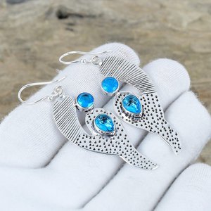 ต่างหูพลอยบลูโทแพซ เงินแท้ 925 ทำมือ สไตล์โบราณ แบบห้อยระย้า หรูหรา สำหรับของขวัญวันแม่ พร้อมใบรับรอง - Product Image 3