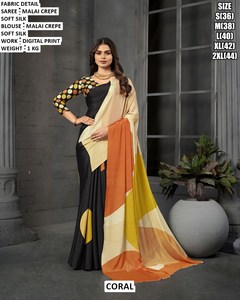 Sari Tradicional Blanco de Crepé Malai de Lujo para Mujer, Sin Arrugas, Absorbente de Humedad, para Bodas de Verano, Diwali y Fiestas - Product Image 3