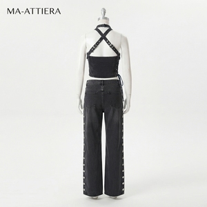 Women Black Denim Halter <b>Crop</b> <b>Top</b> And Cargo Pants Set Eyelet Strap Detail Two Piece Streetwear Outfit - Product Image 3