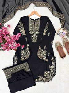 Ensemble Salwar de Luxe Noir Brodé Or Zari pour Femme, Kurti Court, Palazzo Évasé Large et Dupatta – Style Indien et Pakistanais - Product Image 5