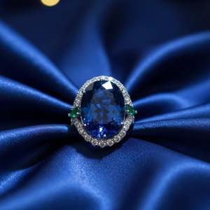 Bague de fiançailles en saphir bleu, argent sterling 925, plaqué or blanc 14 carats, bijoux de mariée de luxe faits à la main, cadeau - Product Image 4