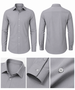 เสื้อเชิ้ตผู้ชายสีเทา แขนครึ่ง ผ้าฝ้ายถักป๊อปลิน 100% ติดกระดุม ทรงสุภาพ สีพื้น ผ้าไม่ยับ แห้งเร็ว มีโลโก้ด้านหน้า ทรงปกติ - Product Image 4