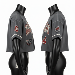 เสื้อครอปท็อปผู้หญิง ผ้าคอตตอนเจอร์ซีย์พรีเมียม แขนเสื้อตัดต่อแต่งขอบปักลายปะ  รับทำโลโก้ เสื้อครอปท็อปผู้หญิง ผ้าคอตตอน - Product Image 3