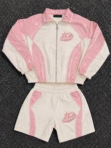 TR-WJS-015 TRIVEERS Conjunto Deportivo de Mujer con Pedrería Rosa, Chaqueta con Cierre y Pantalones Cortos Deportivos, Conjunto Informal para Actividades - Product Image 4