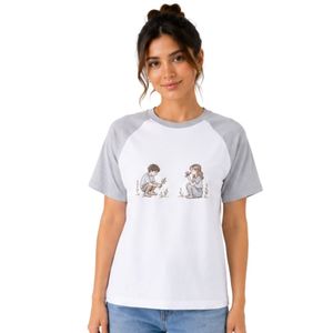 Women White and Light Gray Raglan T <b>Shirt</b> <b>Cartoon</b> Graphic Print Crew Neck Short Sleeve Polyester Cotton Casual Summer Tee OEM - Product Image 1