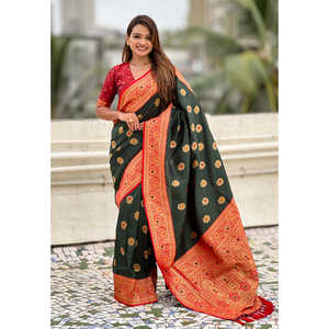 Bottle <b>Green</b> Soft <b>Silk</b> Saree with Sunflower Butta Meenakari Zari Woven Design - Product Image 5