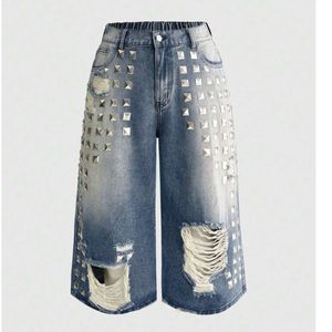 Pantalones Cortos de Mezclilla Personalizados para Hombre, Estilo Y2K, con Tachuelas, Desgastados, Anchos, Estilo Punk Grunge, Cintura Elástica, Estilo Hip Hop - Product Image 1