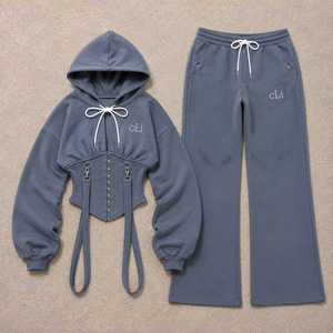Conjunto Deportivo Casual Azul Mate para Mujer, Sudadera Corta con Cordón, Detalles de Corsé, Pantalones Oversize DTG, Ropa Urbana de Fábrica OEM - Product Image 3