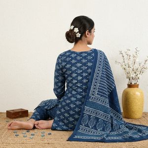Costume Punjabi de luxe bleu indigo à fleurs pour femmes |   Ensemble Kurti Pyjama en Coton Fait Main avec Imprimé au Bloc et Sarong |   Robe indienne Pro - Product Image 5