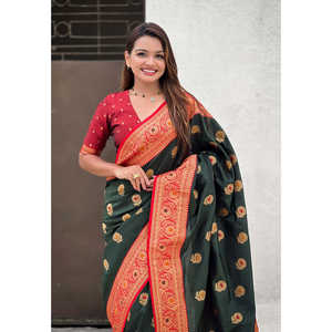 Bottle <b>Green</b> Soft <b>Silk</b> Saree with Sunflower Butta Meenakari Zari Woven Design - Product Image 1