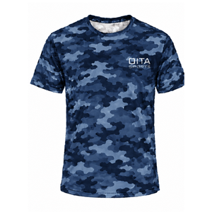 T-shirt camouflage bleu marine pour homme, manches courtes, col rond, imprimé camouflage, vêtements de sport athlétiques, entraînement en salle de sport, course à pied, performance, vêtements de sport actifs - Product Image 1