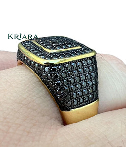 Anillo de Sello Unisex Chapado en Plata 925 con Diamantes Negros Pavé, Corte Brillante Redondo, Diamantes Cultivados en Laboratorio, Uso Diario - Product Image 5