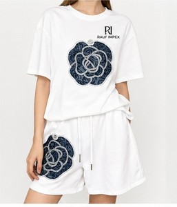Ensemble de t-shirts pour femmes en spandex rose ample et respirant, manches courtes, col rond, imprimé, tricoté, tenue décontractée d'été - Product Image 3