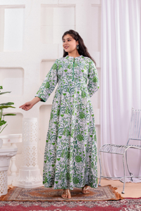 Robe longue en coton écologique à imprimé floral, col mandarin, manches trois quarts, coupe droite, style décontracté - Product Image 1