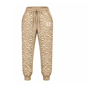 Custom Beige Pearl Beaded <b>Jogger</b> Pants <b>Women</b> Fashion Embellished Drawstring Sweatpants Luxury Casual Streetwear <b>Fleece</b> Bottoms - Product Image 1