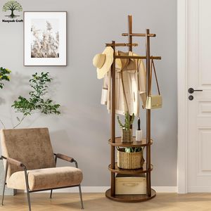 Porte-manteau pliable en bois massif avec rangement sur roulettes, 3 étagères et 6 crochets, design moderne autoportant pour l'entrée de la maison - Product Image 3