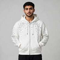 Sweat à capuche zippé personnalisé avec strass blancs pour homme, coupe oversize, effet délavé, style streetwear, veste d'automne, 100% coton, fabrication artisanale