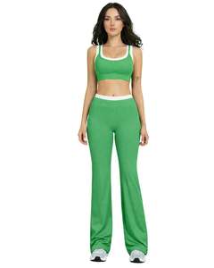 Conjunto Deportivo Personalizado para Mujer, Top Deportivo Verde y Blanco con Contraste y Pantalones Acampanados, Cintura Alta, Elástico, para Yoga, Fitness, Gimnasio, Venta al Por Mayor OEM - Product Image 1