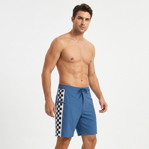 <b>Men's</b> Blue Board <b>Shorts</b> With <b>Checkered</b> Side Stripes Drawstring Waist Quick Dry Swim Trunks - Product Image 5