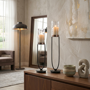 Juego de Faroles Metálicos Negros Altos y Modernos con Vidrio Ondulado, Diseño Minimalista Contemporáneo para Decoración de Hogar de Lujo, Alta Calidad - Product Image 6