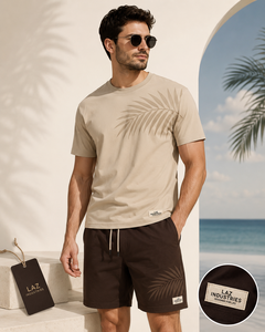 LAZ INDUSTRIES Men's Beige T-Shirt Brown Shorts Set Crew Neck Printed Knitted Breathable Cotton Summer Casual Wear Wholesale - Product Image 1