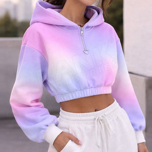Gradient Color Hooded Crop <b>Top</b> Full Sleeve Casual Sweatshirt With <b>Rainbow</b> Print Knitted Polyester Autumn Wear - Product Image 3
