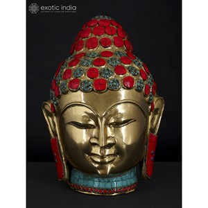 11\" Lord <b>Buddha</b> <b>Head</b> Brass Sculpture with Intricate Inlay Work - Product Image 4