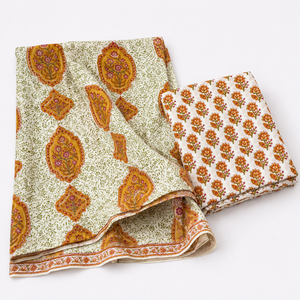 Orange Floral Hand Block Printed Cotton Fabric <b>Set</b> with Mughal Motif Pattern for Dress Material Suit Dupatta <b>Sewing</b> Craft Textil - Product Image 3