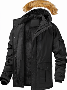 Parka Larga Impermeable de Lona para Hombre con Capucha, Negra, Casual, con Bolsillos Delanteros, Cierre de Cremallera con Logotipo, Forma de Calabaza, de Poliéster - Product Image 1