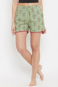 Women's Green Geometric Print Shorts <b>Elastic</b> Waist Knitted Cotton Breathable Regular Fit Casual Style - Product Image 2
