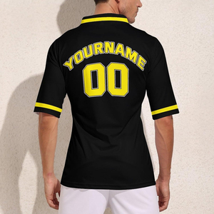 Custom Men's Black Yellow V-Neck <b>Baseball</b> Jersey Sublimated Print Team Name Number 00 Moisture Wicking Polyester Short Sleeve - Product Image 3