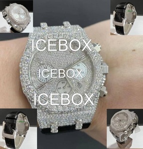 Montre-bracelet unisexe à boîtier rond en acier inoxydable et moissanite, cadran en verre entièrement serti, étanche 10 bars, fermoir de bracelet - Product Image 3