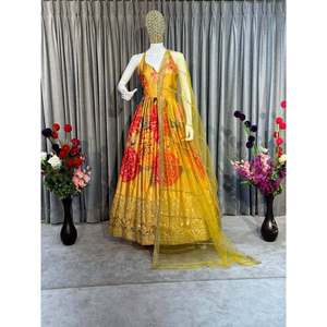 BATA DE TRABAJO DE SECUENCIA BORDADA DE SECUENCIA DE DISEÑADOR CON DUPATTA AMARILLO - Product Image 1