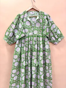 Vintage Green Floral Block Print Cotton Midi <b>Dress</b> with Puff Sleeves Tie-Neck <b>Loose</b> Fit Casual Summer <b>Dress</b> For Women - Product Image 2