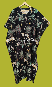 Vestido Kaftán de Algodón Ecológico Hecho a Mano, Estampado Tropical de Selva, Estilo Boho, Tejido Ligero y Transpirable de Primera Calidad, Manga Corta - Product Image 4