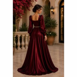Vestido de noche de satén color burdeos para mujer – Elegante vestido largo con cuello cuadrado, manga larga, corte en A y cinturón en la cintura - Product Image 2