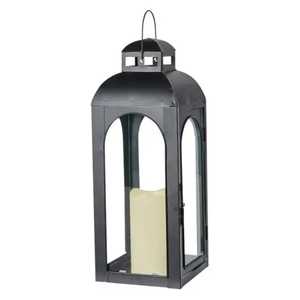 Modern black metal <b>lantern</b> <b>set</b> with glass panels pyramid top ring handle white candle indoor outdoor lighting accessory - Product Image 2