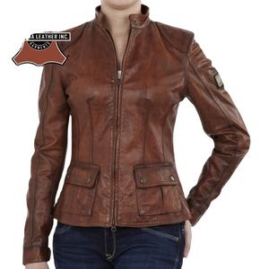 Veste en cuir pour femme, style vintage, en cuir d'agneau, avec blocs de couleur contrastés, fermeture éclair sur le devant, boucle, coupe courte, veste moto d'hiver, veste universitaire - Product Image 1