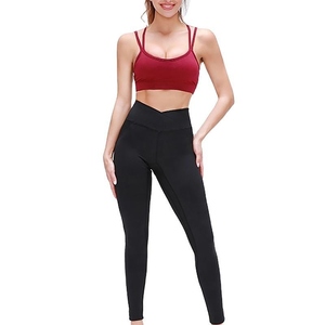 Ensemble de yoga pour femmes, haut court rouge, leggings bleus taille haute, sans couture, en spandex et polyester, 2 pièces, vêtements de sport, couleur unie, longueur intégrale - Product Image 3