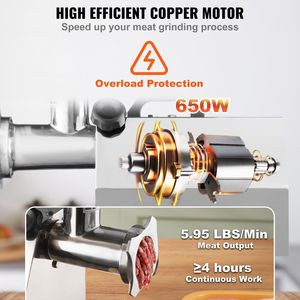 Picadora de carne Industrial Eléctrica de 650W, 8,3 lb/min, W MAX 3800, 2 cuchillas, 3 placas de molienda, picadora comercial de acero inoxidable 304 ETL - Product Image 3