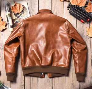 <b>Men's</b> Vintage Genuine <b>Leather</b> Slim Fit Waterproof Bomber <b>Jacket</b> Cartoon Patch Design Zipper Closure Stand Collar Autumn Wear - Product Image 3